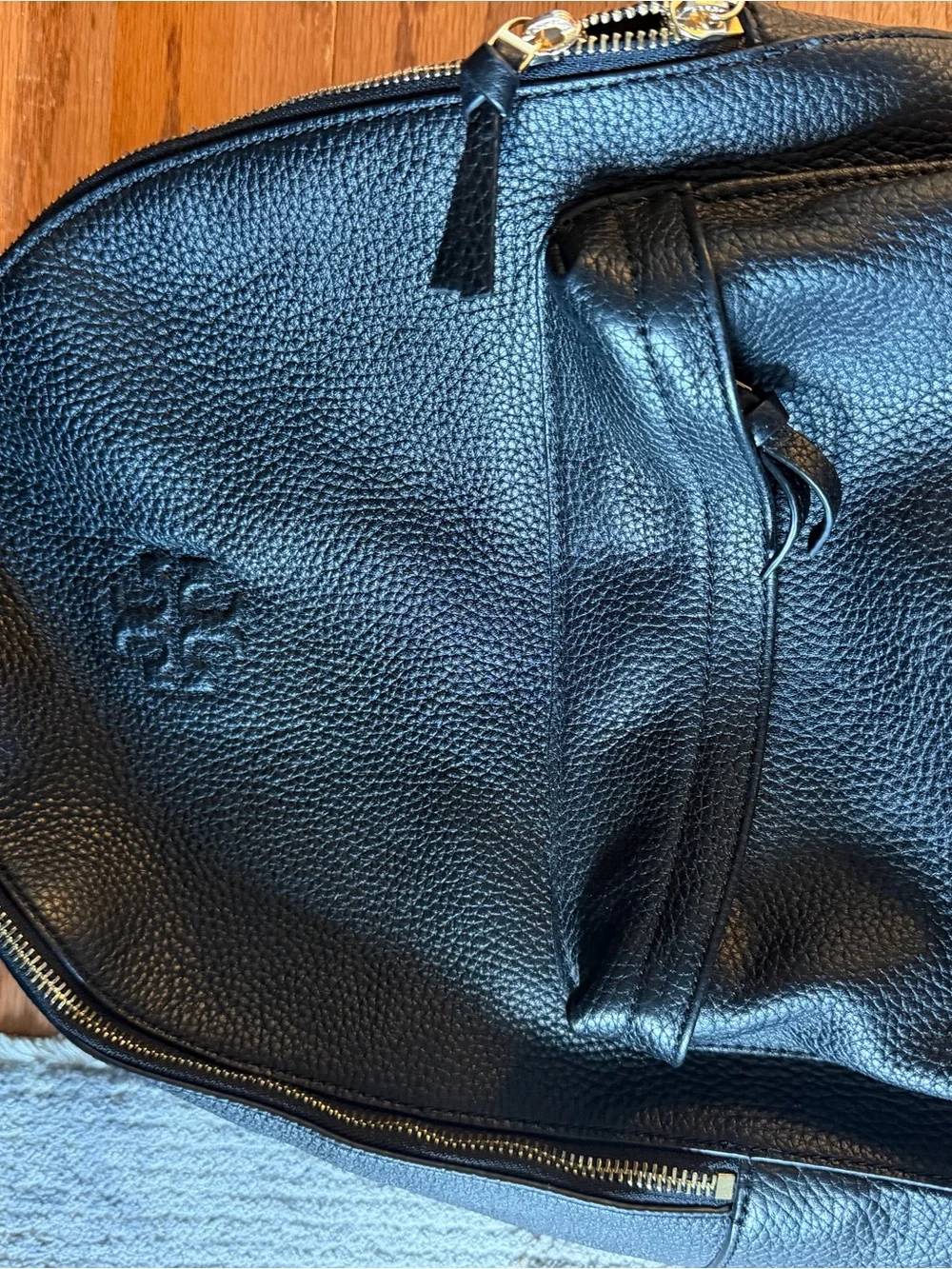 Tory Burch Black Pebbled Leather Backpack with Front Zip Pocket
